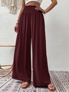 EMERY ROSE Women's Solid Color Pleated Casual Versatile Wide Leg Pants For Daily Wear - Red - View 3
