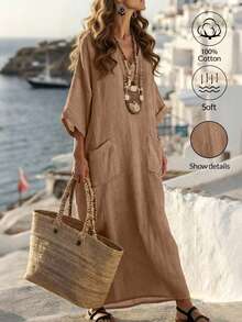 EMERY ROSE Women's Casual Loose V-Neck Contrast Color Vacation Dress, 100% Cotton - Brown - View 3