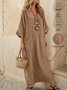 EMERY ROSE Women's Casual Loose V-Neck Contrast Color Vacation Dress, 100% Cotton - Brown - View 1
