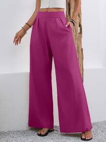 EMERY ROSE Women's Solid Color Pleated Pocket Wide Leg Loose Casual Pants - Red Violet - View 7