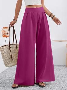 EMERY ROSE Women's Solid Color Pleated Pocket Wide Leg Loose Casual Pants - Red Violet - View 4
