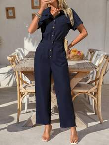 EMERY ROSE Women One-Piece Jumpsuit, Solid Color Short Sleeve, Fashionable & Suitable For Summer - Royal Blue - View 6