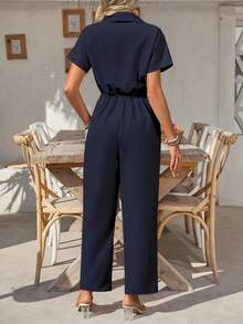 EMERY ROSE Women One-Piece Jumpsuit, Solid Color Short Sleeve, Fashionable & Suitable For Summer - Royal Blue - View 2