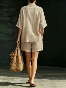 EMERY ROSE Light Beige Faux Linen Lapel Batwing Sleeve Shirt Shorts Casual Vacation Women's 2 Pieces Set Vacation Summer - Khaki - View 2