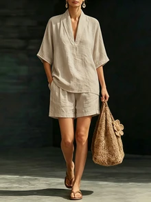 EMERY ROSE Light Beige Faux Linen Lapel Batwing Sleeve Shirt Shorts Casual Vacation Women's 2 Pieces Set Vacation Summer - Khaki - View 1
