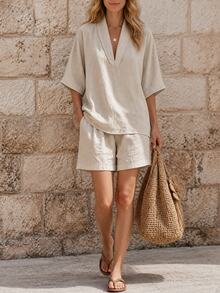EMERY ROSE Light Beige Faux Linen Lapel Batwing Sleeve Shirt Shorts Casual Vacation Women's 2 Pieces Set Vacation Summer - Khaki - View 3
