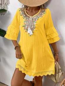 EMERY ROSE Women Fashionable Notched V-Neck Dress With Colored Pom-Pom Decoration Vacation Beach Outfit - Yellow - View 7