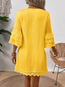 EMERY ROSE Women Fashionable Notched V-Neck Dress With Colored Pom-Pom Decoration Vacation Beach Outfit - Yellow - View 2