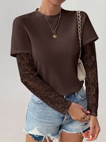 EMERY ROSE Women's Round Neck Fashion Lace See-Through Long Sleeve T-Shirt, Fall Top - Brown - View 4