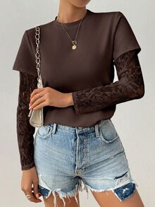 EMERY ROSE Women's Round Neck Fashion Lace See-Through Long Sleeve T-Shirt, Fall Top - Brown - View 7
