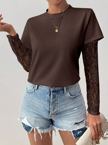 EMERY ROSE Women's Round Neck Fashion Lace See-Through Long Sleeve T-Shirt, Fall Top - Brown - View 6