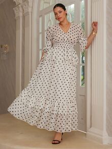 VOLUPTÉ CURVE Plus Size Women's Spring/Summer White 2-Piece Set Polka Dot Chiffon V-Neck Top & Ruffle Maxi Skirt, Elegant Casual Vacation Daily Wedding Guest Outfit - Apricot - View 6