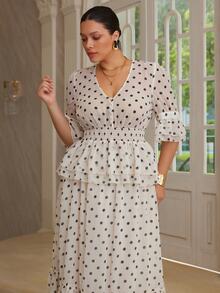 VOLUPTÉ CURVE Plus Size Women's Spring/Summer White 2-Piece Set Polka Dot Chiffon V-Neck Top & Ruffle Maxi Skirt, Elegant Casual Vacation Daily Wedding Guest Outfit - Apricot - View 5