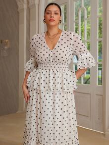 VOLUPTÉ CURVE Plus Size Women's Spring/Summer White 2-Piece Set Polka Dot Chiffon V-Neck Top & Ruffle Maxi Skirt, Elegant Casual Vacation Daily Wedding Guest Outfit - Apricot - View 7