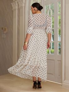 VOLUPTÉ CURVE Plus Size Women's Spring/Summer White 2-Piece Set Polka Dot Chiffon V-Neck Top & Ruffle Maxi Skirt, Elegant Casual Vacation Daily Wedding Guest Outfit - Apricot - View 3