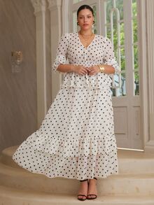 VOLUPTÉ CURVE Plus Size Women's Spring/Summer White 2-Piece Set Polka Dot Chiffon V-Neck Top & Ruffle Maxi Skirt, Elegant Casual Vacation Daily Wedding Guest Outfit - Apricot - View 9