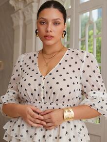 VOLUPTÉ CURVE Plus Size Women's Spring/Summer White 2-Piece Set Polka Dot Chiffon V-Neck Top & Ruffle Maxi Skirt, Elegant Casual Vacation Daily Wedding Guest Outfit - Apricot - View 8