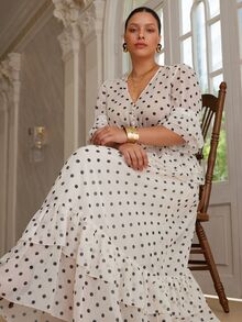 VOLUPTÉ CURVE Plus Size Women's Spring/Summer White 2-Piece Set Polka Dot Chiffon V-Neck Top & Ruffle Maxi Skirt, Elegant Casual Vacation Daily Wedding Guest Outfit - Apricot - View 2