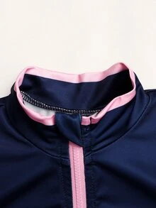 SHEIN 兒童青少年女孩針織字母印花長袖小立領拉鍊夾克背心短褲3件套 健身運動 海軍藍 夏季街頭運動風 - 藏蓝色 - 查看 5