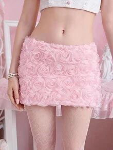 Sweetness Summer Vacation 3D Rose Ultra Low Waist Minimalist Sexy Mini Skirt - Pink - View 1