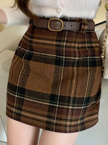 DAZY Plaid Mini Skirt, Casual & Versatile For Women, Autumn/Winter - Brown - View 2