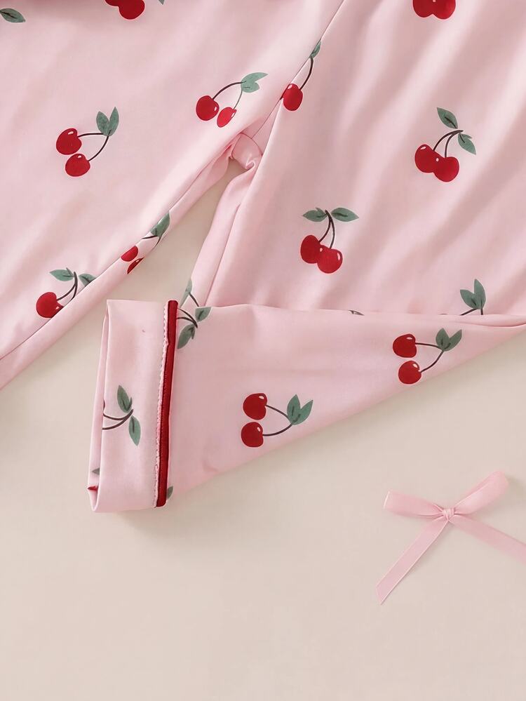 SHEIN (1 Random Set )Baby Girl's Pink Sweet Cherry-Print Cardigan And Pants Loungewear Set (Autumn/Winter) - Pink - View 9
