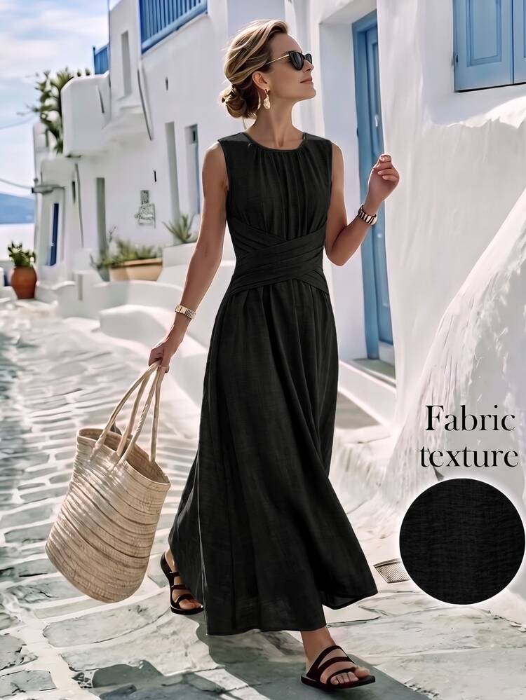 Louniche Women's Spring/Summer Casual Olive Green Sleeveless Long Dress With Criss-Cross Waist Design, Minimalist Style, Elegant For Daily Wear, Shopping, Afternoon Tea, Small Gatherings, Light Business And Commuting - Black - View 1