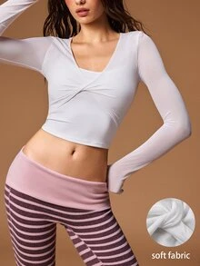 VARSIVA Women's Solid Color Twisted Design Casual Fitness Cropped Sports T-Shirt - White - View 1