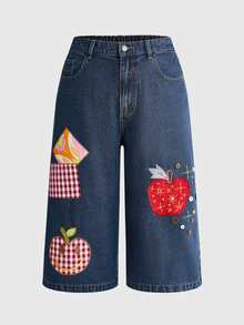 Sweetness Handmade Girl Apple Embroidery Button Decor 3/4 Length Plus Size Denim Jeans - Blue - View 1