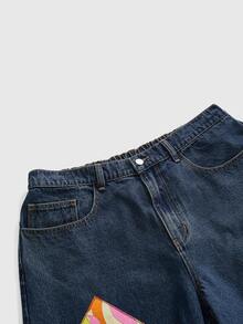 Sweetness Handmade Girl Apple Embroidery Button Decor 3/4 Length Plus Size Denim Jeans - Blue - View 4