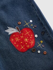 Sweetness Handmade Girl Apple Embroidery Button Decor 3/4 Length Plus Size Denim Jeans - Blue - View 3