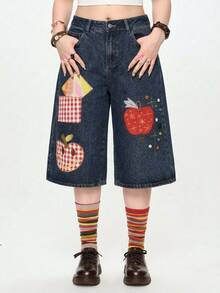 Sweetness Handmade Girl Apple Embroidery Button Decor 3/4 Length Plus Size Denim Jeans - Blue - View 2