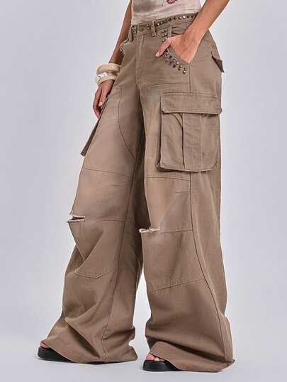 Y2K Vintage Distressed Nieten Cargo Jeans mit Rissen und lockerer Passform