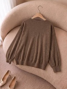 Rusticease Plus Size Women Solid Color Contrast Lace V-Neck Long Sleeve Sweatshirt Autumn Formal Vacation Brown Casual Soft Form Fall - Brown - View 3