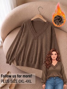 Rusticease Plus Size Women Solid Color Contrast Lace V-Neck Long Sleeve Sweatshirt Autumn Formal Vacation Brown Casual Soft Form Fall - Brown - View 2