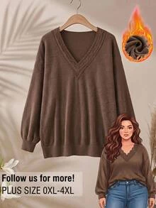 Rusticease Plus Size Women Solid Color Contrast Lace V-Neck Long Sleeve Sweatshirt Autumn Formal Vacation Brown Casual Soft Form Fall - Brown - View 1