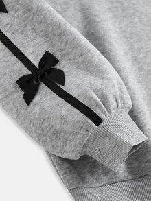 SHEIN Tween Girl Autumn/Winter Fashion Kids Grey & Black Bow Decor Crew Neck Long Sleeve Top & Wide Leg Pants Sweatshirt Set, Back To School - Grey - View 4