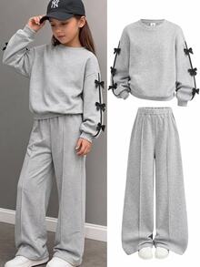 SHEIN Tween Girl Autumn/Winter Fashion Kids Grey & Black Bow Decor Crew Neck Long Sleeve Top & Wide Leg Pants Sweatshirt Set, Back To School - Grey - View 7