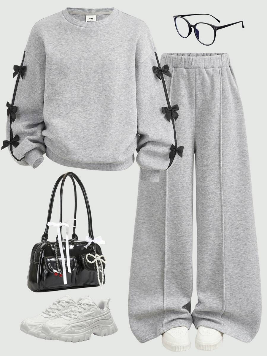 SHEIN Tween Girl Autumn/Winter Fashion Kids Grey & Black Bow Decor Crew Neck Long Sleeve Top & Wide Leg Pants Sweatshirt Set, Back To School - Grey - View 1