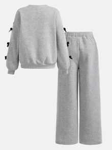 SHEIN Tween Girl Autumn/Winter Fashion Kids Grey & Black Bow Decor Crew Neck Long Sleeve Top & Wide Leg Pants Sweatshirt Set, Back To School - Grey - View 2