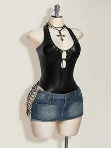 SHEIN ICON Women's Fashionable Sexy PU Leather Metal Eye-Catching Lace-Up Backless Bodysuit - Black - View 9