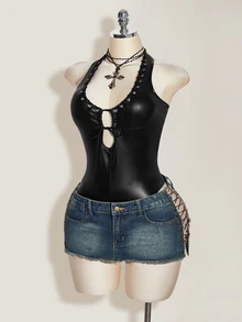 SHEIN ICON Women's Fashionable Sexy PU Leather Metal Eye-Catching Lace-Up Backless Bodysuit - Black - View 8