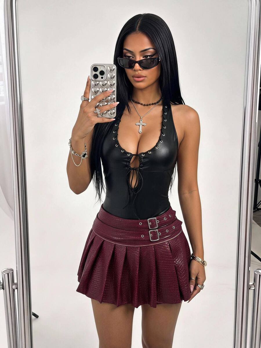 SHEIN ICON Women's Fashionable Sexy PU Leather Metal Eye-Catching Lace-Up Backless Bodysuit - Black - View 1
