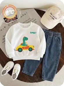 SHEIN Bubblio 2pcs/Set Baby Boys Thermal Lined Hoodie & Denim Winter Pants,Blue White Stripe,Autumn,Street Life Casual Graphic Street Fashion,City ,Back-To-School - Multicolor - View 4