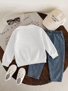 SHEIN Bubblio 2pcs/Set Baby Boys Thermal Lined Hoodie & Denim Winter Pants,Blue White Stripe,Autumn,Street Life Casual Graphic Street Fashion,City ,Back-To-School - Multicolor - View 2