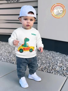 SHEIN Bubblio 2pcs/Set Baby Boys Thermal Lined Hoodie & Denim Winter Pants,Blue White Stripe,Autumn,Street Life Casual Graphic Street Fashion,City ,Back-To-School - Multicolor - View 1