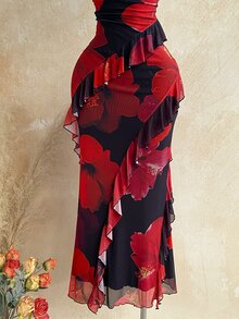 Soleia 女款黑紅復古性感花卉印花垂領多層荷葉邊拼接細肩帶洋裝，適合度假派對夏季 - 彩色 - 查看 5