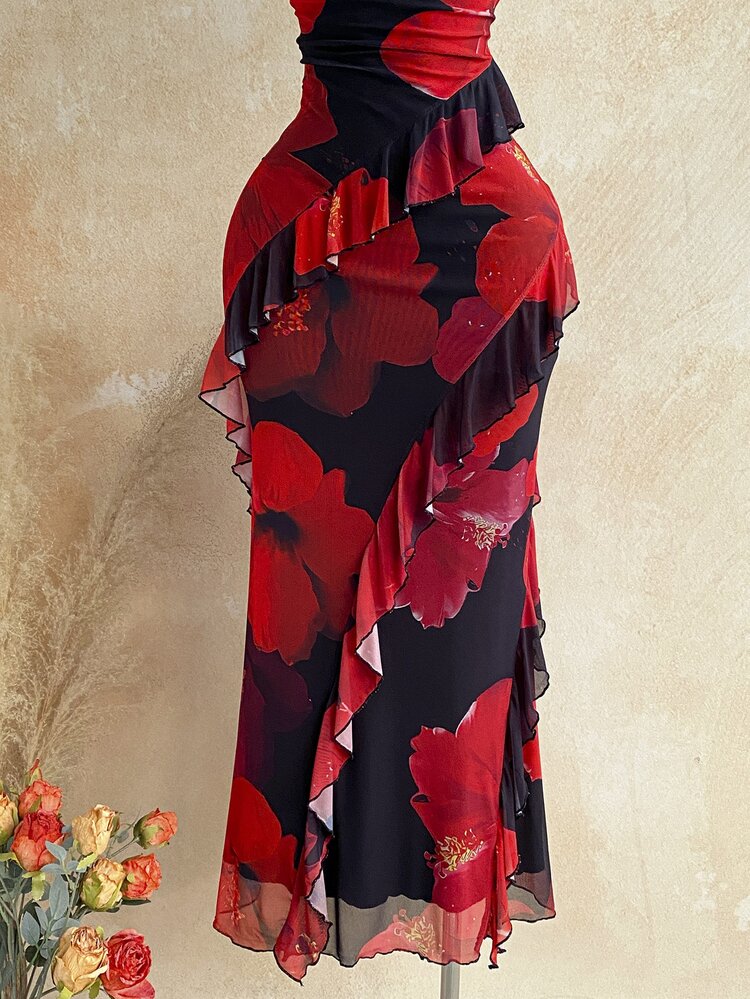 Soleia Women's Black And Red Vintage Sexy Floral Print Cowl Neck Multi-Layer Ruffle Patchwork Spaghetti Strap Dress For Vacation Party Summer - Multicolor - View 5