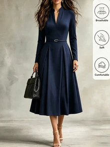 SHEIN فستان نسائي جديد بياقة على شكل حرف V وخصر مشدود بطول متوسط للذهاب إلى العمل والحفلات - أزرق بحري - مشاهدة 7