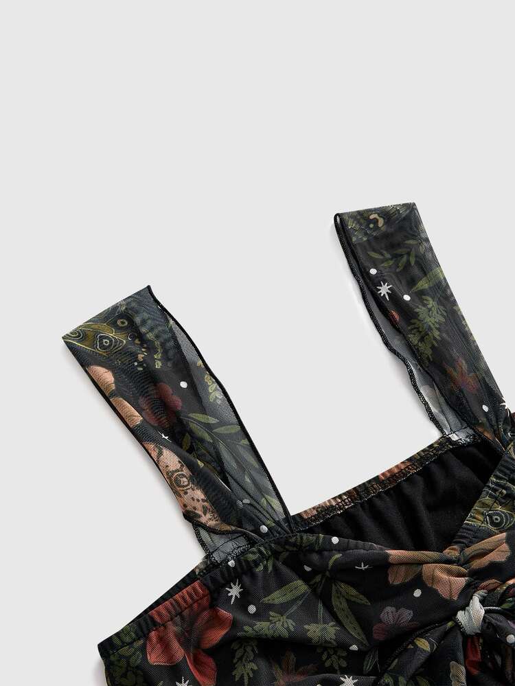 ROMWE Avant Y2K Wild Hippie Leopard Print Paisley Pattern Mesh Loose Hem Square Neck Top - Black - View 9